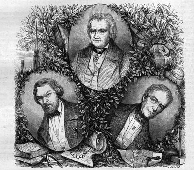 Jean Baptiste Antoine Lassuksen (1807-1857), ranskalaisen arkkitehdin muotokuvia (vas.); Charles Lacretelle Jeune (1766-1855), ranskalainen historioitsija ja lakimies (kesk.); ja Baron Auguste Gaspard Louis Desnoyers (1779-1857), ranskalainen kaivertaja. K tekijältä French School