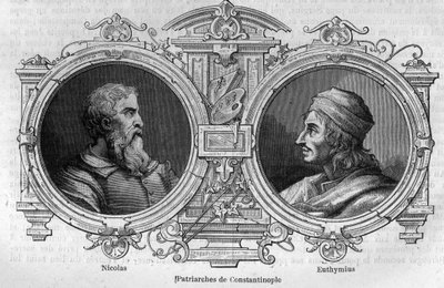 Muotokuvia Nikolai mystistä (10. vuosisata) ja Euthymius of Athos (955-1028), Konstantinopolin patriarkka. Maurice Lachatren kaiverrus "Histoire des Papes-Rois-Queen and Empereurs a travers les centuries" tekijältä French School