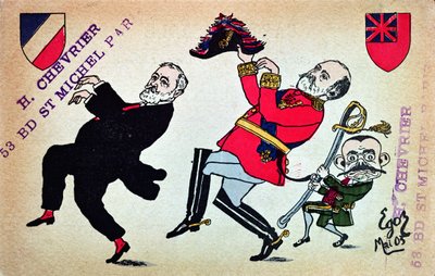 Postikortti, jossa on presidentti Loubet (1838-1929), kuningas Edward VII (1841-1910) ja Theophile Delcasse (1852-1923), toukokuu 1903 tekijältä French School