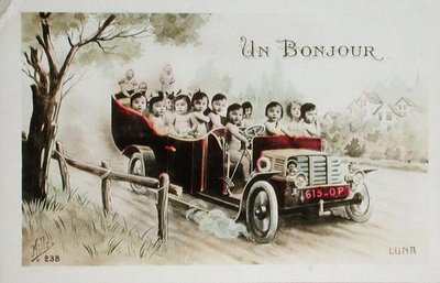 Postikortti, jossa on Un Bonjour, auto täynnä vauvoja, ennen 1914 (värilitho) tekijältä French School