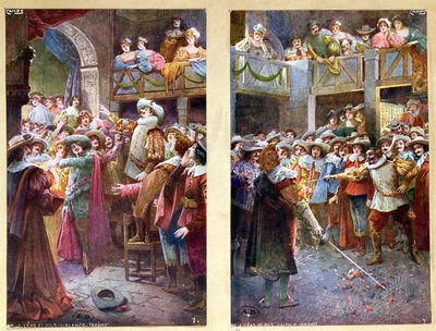 Postikortit, jotka kuvaavat Cyrano de Bergeracia ja kaksintaistelua Hotel de Bourgognessa, n. 1900 tekijältä French School