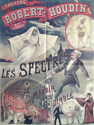 Haamuja ja paholaisen taloa mainostava juliste Robert-Houdinin teatterissa, Pariisissa, n. 1870 tekijältä French School