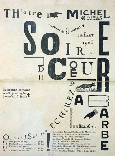 Soiree du Coeur a Barbea mainostava juliste Michelin teatterissa 6. ja 7. heinäkuuta 1923 tekijältä French School