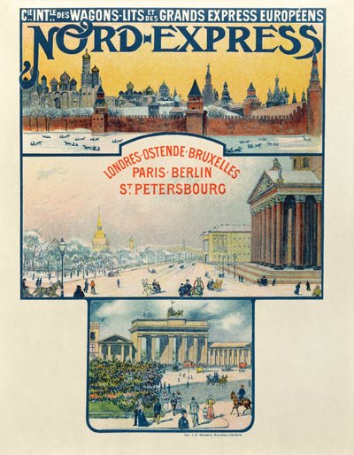 Juliste, joka mainostaa Compagnie des Wagons-Lits et des Grands Express Europeensia Lontoosta Pietariin, 1900-luvun alku tekijältä French School