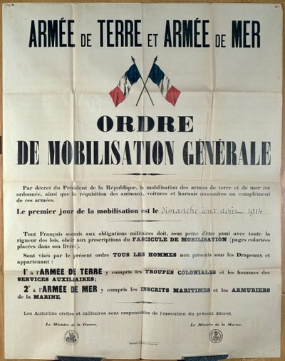 Ministere de la Guerre et de la Marinen juliste, joka ilmoittaa yleisestä mobilisaatiosta Ranskassa 2. elokuuta 1914 tekijältä French School