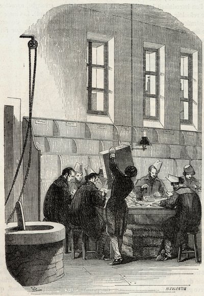 Viestit: Kirjeiden lajittelu osastoille ja ulkomaille - Kaiverrus "Tableau-de-Paris" -kirjoituksesta Edmond Texier 1852 tekijältä French School