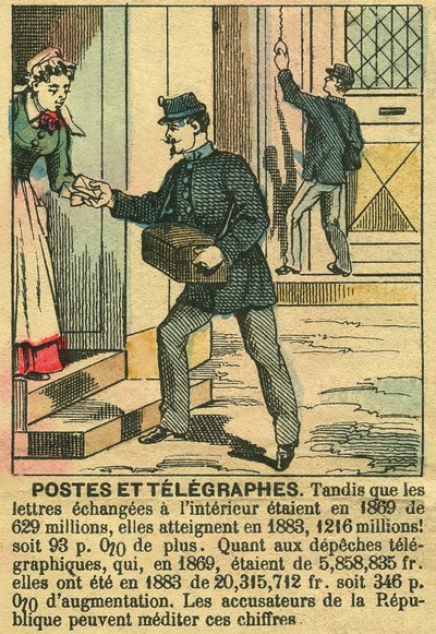 Posti ja lennätin, joka kuvaa televiestinnän ja postin hyvää toimintaa tasavallan ansiosta. Kaiverrus "Le Figaro, supplement" -lehdessä 30.3.1889, Pariisi. Coll. Selva. tekijältä French School