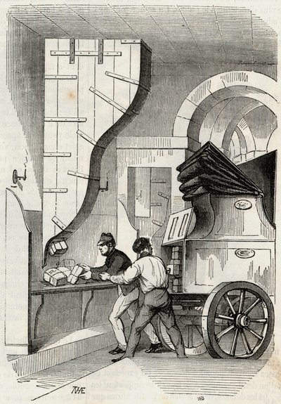 Viestit: tavaratilan pylvään lastaus - Kaiverrus "Tableau-de-Paris" Edmond Texier 1852 tekijältä French School