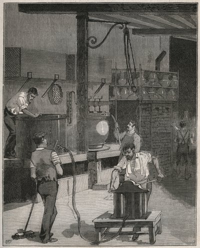 Keramiikka, Sevresin valmistus: Tyhjiö- ja paineilmavalupaja. Kaiverrus vuodelta 1885 kirjassa "Les arts et metiers illustres", kirjoittanut Adolphe BITARD. tekijältä French School
