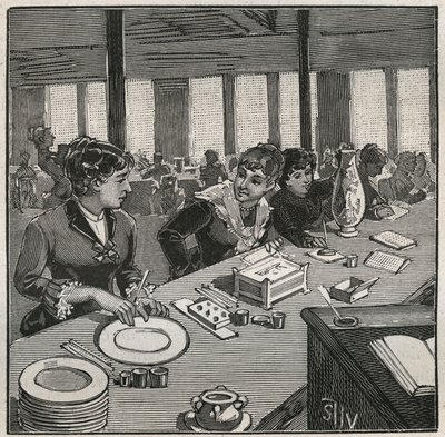 Keramiikka: posliinimaalaustyöpaja 1800-luvulla Ranskassa. Kaiverrus vuodelta 1880 kirjassa "Les arts et metiers illustres", kirjoittanut Adolphe BITARD. tekijältä French School
