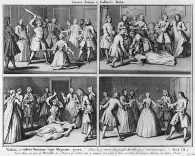 Gabrielle Molerin auttaminen, kuvitus teoksesta La verite des miracles de M. de Paris... kirjoittanut Louis Basile Carre de Montgeron (1686-1754) 1747, Köln tekijältä French School