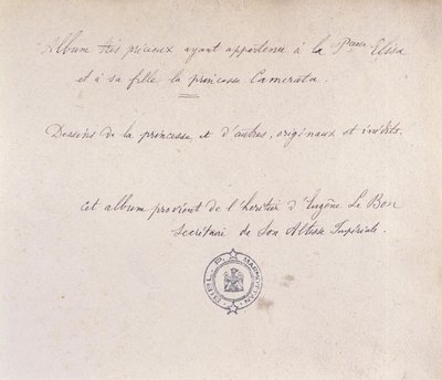 Arvokas albumi, joka kuului prinsessa Elisalle ja hänen tyttärelleen Cameratalle (muste paperille) tekijältä French School