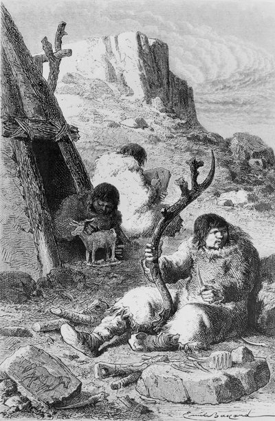 Esihistorialliset taiteilijat, Louis Figuierin LHomme Primitif, julkaistu Hachette, 1870 tekijältä French School