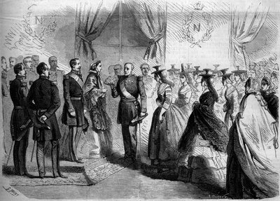 Esitys Napoleon III:lle (1808-1873) ja Impress Eugenielle (1826-1920) kahdestatoista Maconnaisesta maalaispuvussa. Macon, Saone ja Loire (71) tekijältä French School