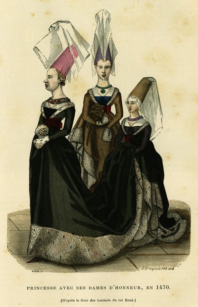 Prinsessa kunniakuningattariensa kanssa, noin vuonna 1470. Värikaiverrus kuningas Renen turnajaiskirjan mukaan, teoksessa "France et les francais a travers les siecles", Augustin Challamel, F.Roy, Pariisi 1882. Selvan kokoelma. tekijältä French School