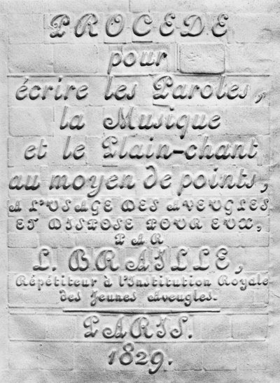 Prosessi Sanojen, Musiikin ja Plainsongin kirjoittamiseksi pisteiden avulla sokeiden käyttöön ja Louis Braillen heille järjestämä prosessi, 1829 tekijältä French School