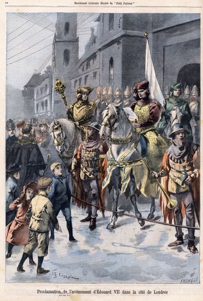 Edward VII:n tulevaisuuden julistus Englannin kuninkaan (1841-1910) tulevaisuudesta kuningatar Victorian kuolinpäivänä 22. tammikuuta tekijältä French School