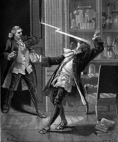 Professori Georges Guillaume Richmann (1711-1753) kuoli työpajassaan elektrometrikokeen seurauksena. tekijältä French School