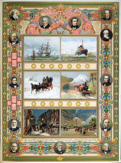 Edistyminen kuningatar Victorian hallituskaudella (1819-1901). Purjelaivat, höyrylaivat, höyryjunat sekä kaasu- ja sähkökatuvalaistus, 1887 tekijältä French School