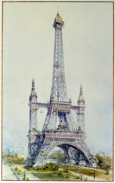 Eiffel-tornin muutosprojekti vuoden 1900 näyttelyä varten (toukokuu 1896). Kaiverrus vuodelta 1896. Pariisi, Kansallisarkisto tekijältä French School