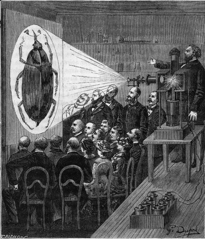 Projisointikokemus sähköisestä valokuvamikroskoopista (Jules Duboscqin projektiolyhdyt) - Kaiverrus "" Tieteet kaikkien saatavilla - Suosittu fysiikka ja kemia" Alexis Clerc - 1800-luvun loppu - Yksityinen kokoelma tekijältä French School