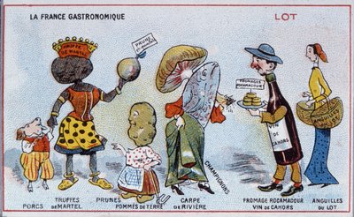 Kampanja- ja koulutuskortti, joka kuvaa Lotin alueen ruokaerikoisuuksia, n. 1910 tekijältä French School