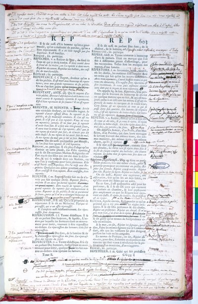 Oikolukusivu, jossa on korjauksia Ranskan akatemian sanakirjan painoksesta (muste paperille) (katso myös 179945) tekijältä French School