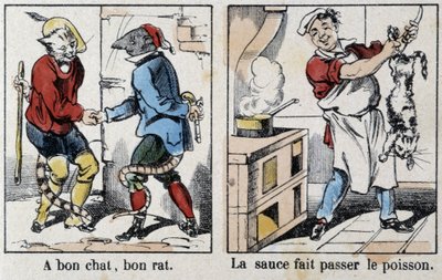 Sananlaskut Epinal-kuvissa: "" Hyvä kissa, hyvä rotta"" ja "" Kastike kulkee kalan ohi"" - kuva Epinalista, n.d. tekijältä French School
