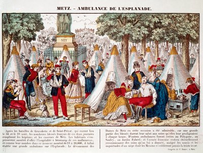 Preussin sota: esplanadille asennettu ambulanssi haavoittuneiden hoitoon vuonna 1870 Metzissä (kaiverrus) tekijältä French School