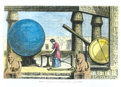 Ptolemaios (n. 90-168) (Claudius Ptolemaeus) Aleksandrian observatoriossa, Louis Figuierin La Vie des Savants Illustres -teoksesta (myöhempi väritys) tekijältä French School