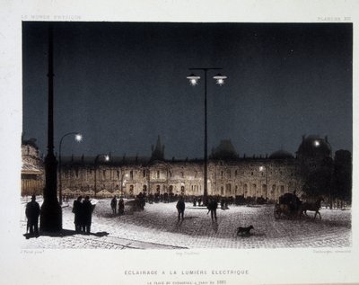 Julkinen valaistus sähkövalolla Place du Carrouselissa Pariisissa 1883 - Amedee Guilleminin teoksessa "" Magnetism and Electricite" tekijältä French School