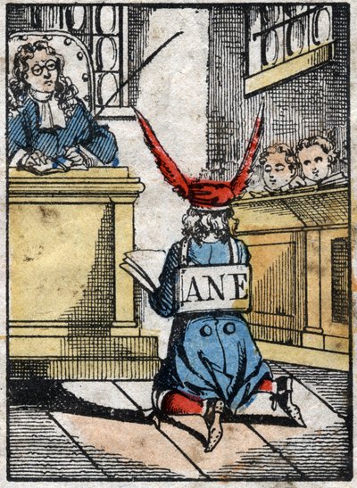 Rangaistus koulussa: Oppilasta rangaistiin, aasinlakalla. Epinaalikuvaus 1800-luvun lopulta. tekijältä French School