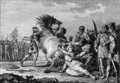 Brunehautin rangaistus, 613: Brunehaut tai Brunehilde (543-613), Austrasian kuningatar, kiinnitetään lannistumattoman hevosen häntään ennen kuin hänet raahataan maahan. Kaiverrus 1700-luvulta. tekijältä French School