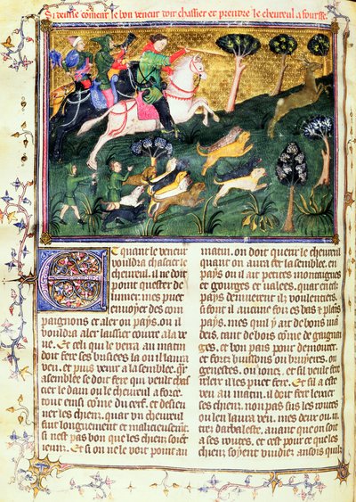 Mätibukin takaa-ajo, Livre de la Chasse, alkuperäinen teksti, jonka on kirjoittanut Gaston III, Comte de Foix Phebus le Chasseur (1331-91) Avignon, 1387-89 (guassi pergamentilla) tekijältä French School