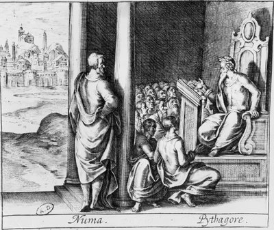 Pythagoras (n. 570-480 eKr.) opettaa oppilaiden luokkaa, kuva Ovidiuksen Metamorfoosista tekijältä French School