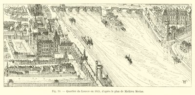 Louvren kaupunginosa vuonna 1615, Mathieu Merianin suunnitelman mukaan tekijältä French School