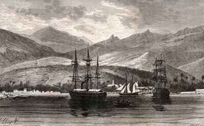 Rade de Taiti - Tahiti - kaiverrus V.A. Malt-Brownin kirjaan "La France illustrée: maantiede, historia, tilastohallinto". 1884 tekijältä French School
