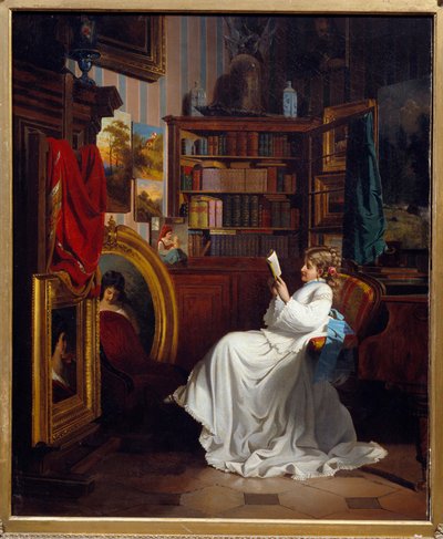 Lukee tyttöä lukemassa kirjaa toimistossa. Ranskalaisen koulun maalaus. 1800-luvun yksityinen kokoelma tekijältä French School