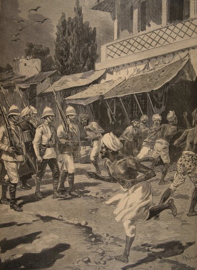 Kapina Bombayssa, kuvitus Le Petit Journalista: Supplement illustre, 1898 tekijältä French School