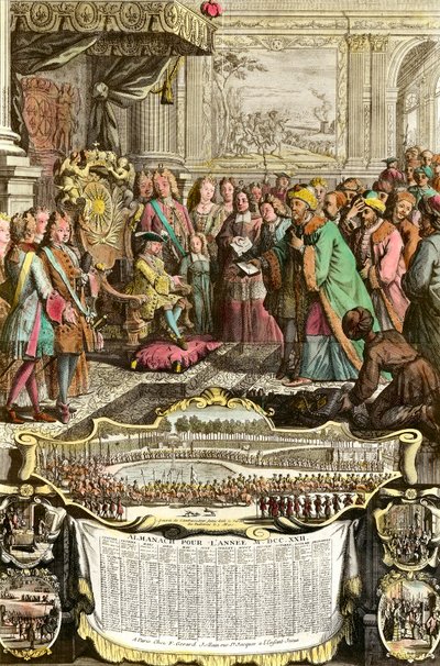 Ludvig XV vastaanottaa Mehemet Effendin, suuren sulttaani Achmetin turkkilaisen suurlähettilään 21. maaliskuuta 1721 Tuilerioissa. Kaiverrus 1700-luvulta. Yksityiskokoelma. tekijältä French School