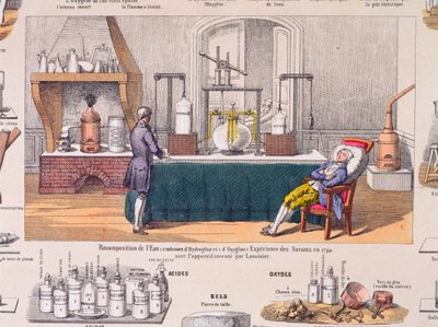 Veden uudelleenmuodostaminen vedystä ja hapesta: Antoine Laurent de Lavoisier (1743-94) kokeilee lepäävän miehen hengitystä, kuva opetuslevyltä, n. 1860 (värikaiverrus) tekijältä French School