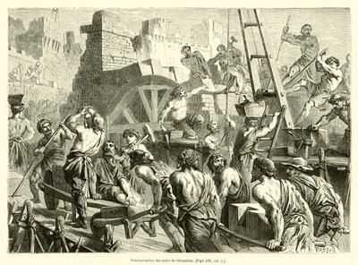 Jerusalemin muurien jälleenrakennus (kaiverrus) tekijältä French School
