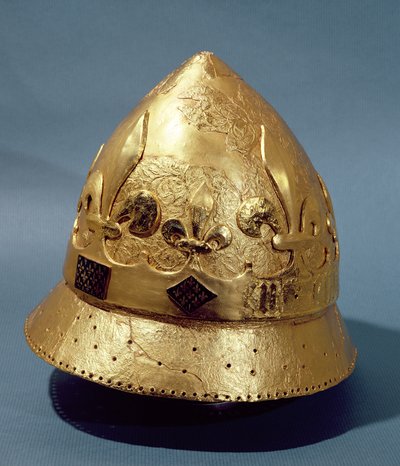 Louvren kaivauksista vuonna 1986 löydetyn Kaarle VI:n (1368-1422) kullatun kypärän rekonstruktio (metalli) tekijältä French School