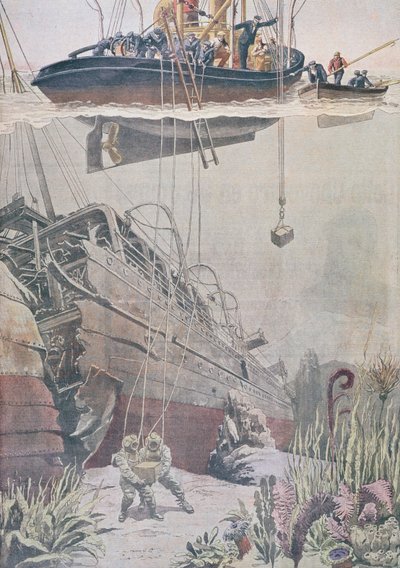 Aarteen talteenotto Oceanan hylystä, kuva Le Petit Journalista, 1912 tekijältä French School