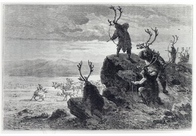 Poronmetsästys kivikaudella, kuvitus LHomme Primitifistä, Louis Figuier (1819-94), julkaissut Hachette, 1870 tekijältä French School