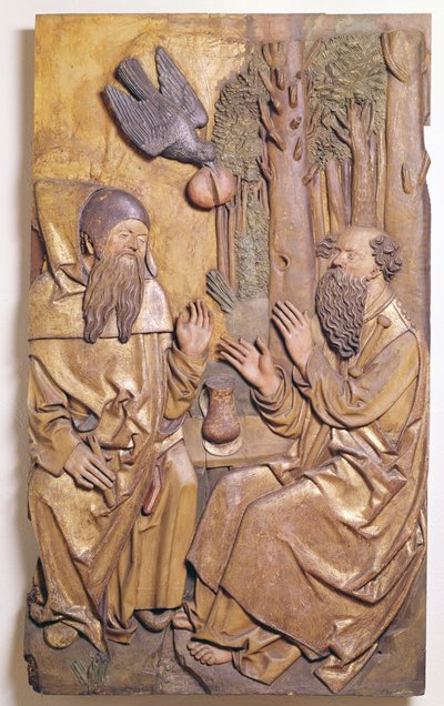 Reliefi St. Anthonysta vierailemassa St. Paulin luona autiomaassa Colmarin vanhan sairaalan kappelista (kullattua puuta) tekijältä French School