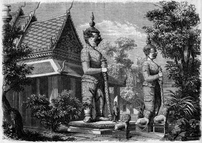 Uskonnollinen arkkitehtuuri: Pagodin ulkokuva Bangkokissa (Siam) vuonna 1861. Kaiverrus "" Le Monde Illustré" -julkaisussa nro 223, 20. heinäkuuta 1861. tekijältä French School