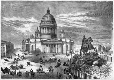 Uskonnollinen arkkitehtuuri: näkymä Pyhän Iisakin (1819-1858) ortodoksisesta kirkosta Pietarissa (Pietari) Venäjällä, rakennettu arkkitehti Ricard de Montferrandin (1786-1858) suunnitelmien mukaan. Oikealla on Pietarin ratsastuspatsas tekijältä French School
