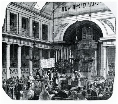 Uskonnollinen seremonia vanhassa Pariisin synagogassa Rosh Hashanalle, kuvitus Le Tableau de Parisista, Edmond Texier, julkaistu Pariisissa, 1852 tekijältä French School