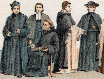 Uskonnolliset puvut: g a d:sta muotokuva jesuiitasta, isä Mariste (Marcellin Champagnat), benediktiinimunkki, dominikaaninen munkki ja oblaatti - Kaiverrus - Uskonnolliset puvut: vasemmalta oikealle, muotokuva jesuiitista, maristiveljestä, benediktiiniläis tekijältä French School